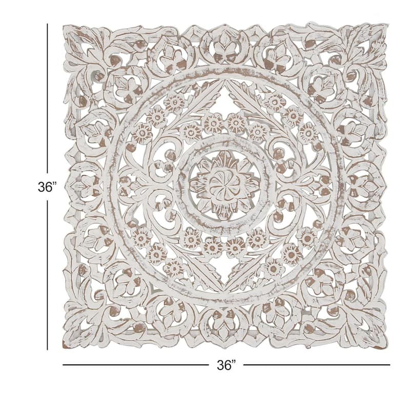 Wooden Floral Handmade Intricately Carved Home Wall Decor with Mandala Design - White - Roche River Decor