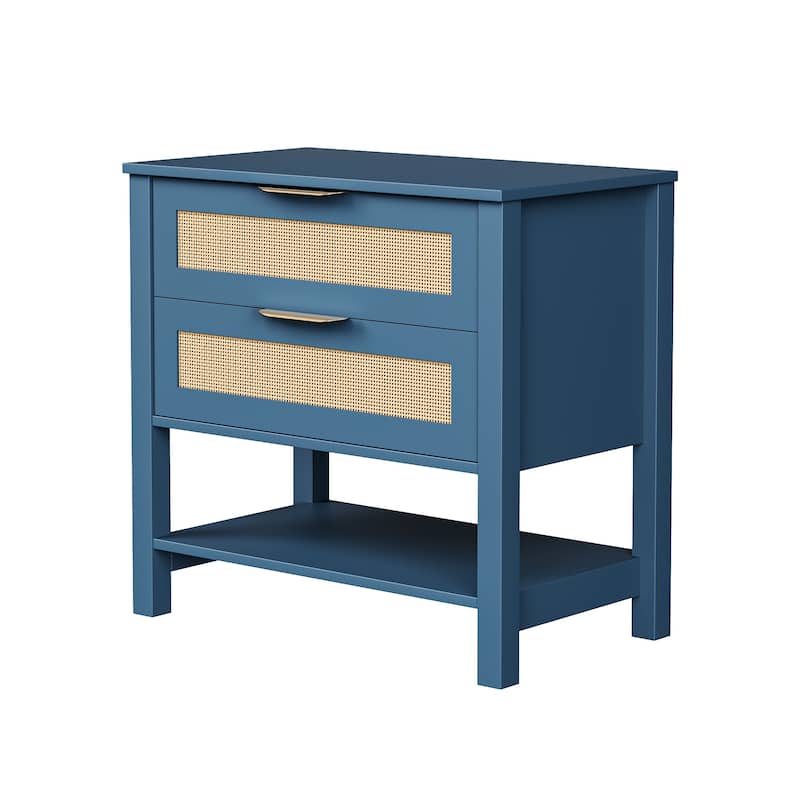 Rattan Nightstand with 2 Drawers and Storage Shelf Boho Bedside Narrow Side Table for Bedroom