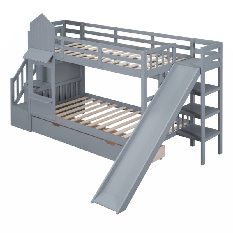 Twin-Over-Twin Castle Style Bunk Bed with 2 Drawers 3 Shelves and Slide