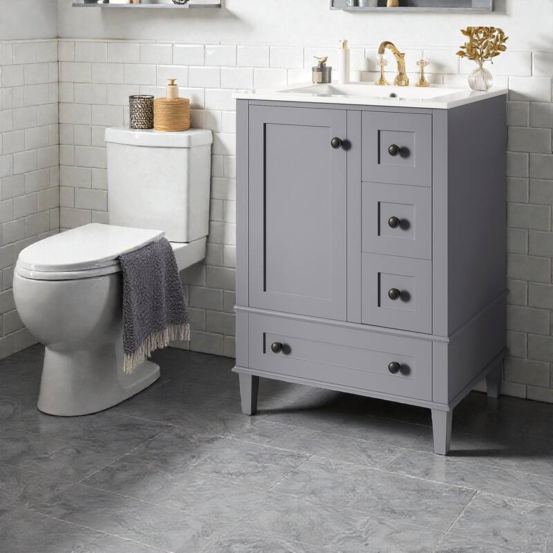 24" Bathroom Vanity with Integrated Ceramic Sink, Soft-Close Drawers and Door, Cabinet with Door Storage Rack