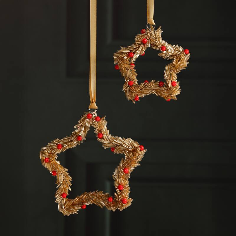 Festive Beaded Christmas Star Hanging Ornaments with Red Berries, Set of 12, 6"