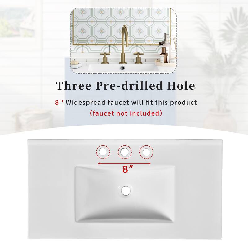 36 Inch Bathroom Vanity with Ceramic Sink, Vanity Base & Ceramic Basin Combo, Solid Wood Bathroom Storage Cabinet - 36 Inch