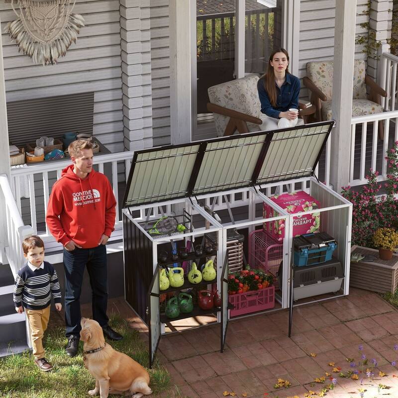 120 Cu. Ft. Outdoor 3-Trash-Can Storage Shed, Pneumatic Support Rod Storage - N/A