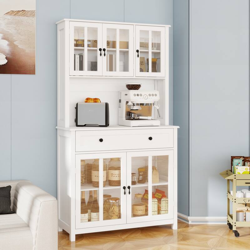 71" Freestanding Pantry Storage Sidebaord with Microwave Oven Countertop and 3 Adjustable Shelves - White