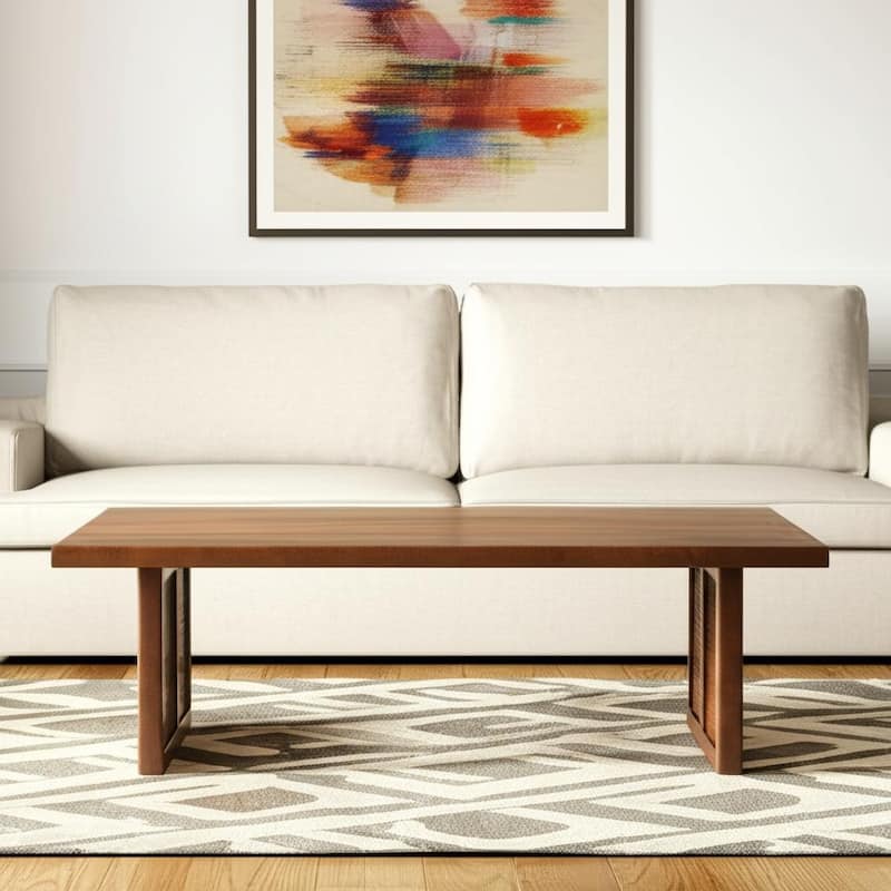 HomeRoots 42" Brown and Natural Solid Wood and Wicker Square Double Pedestal Coffee Table - 42' X '17' X '42 - Brown