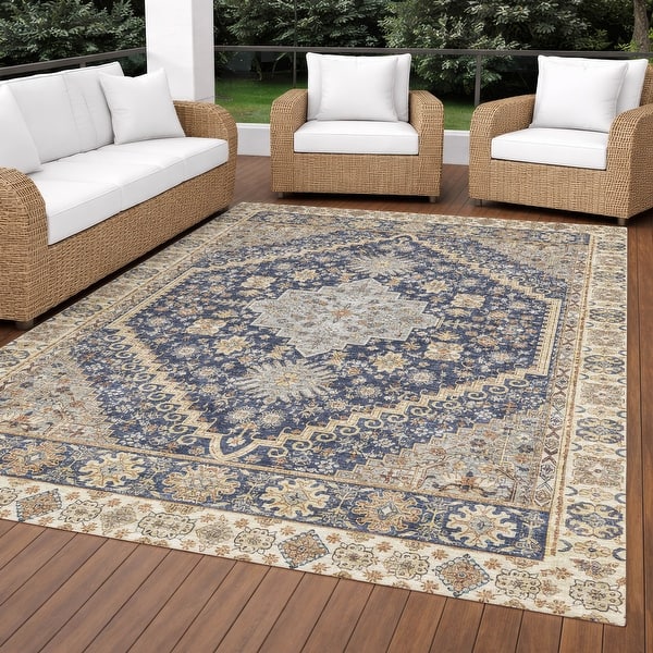slide 2 of 103, Machine Washable Indoor/ Outdoor Traditional Mankato Chantille Rug Navy - 10' x 14'