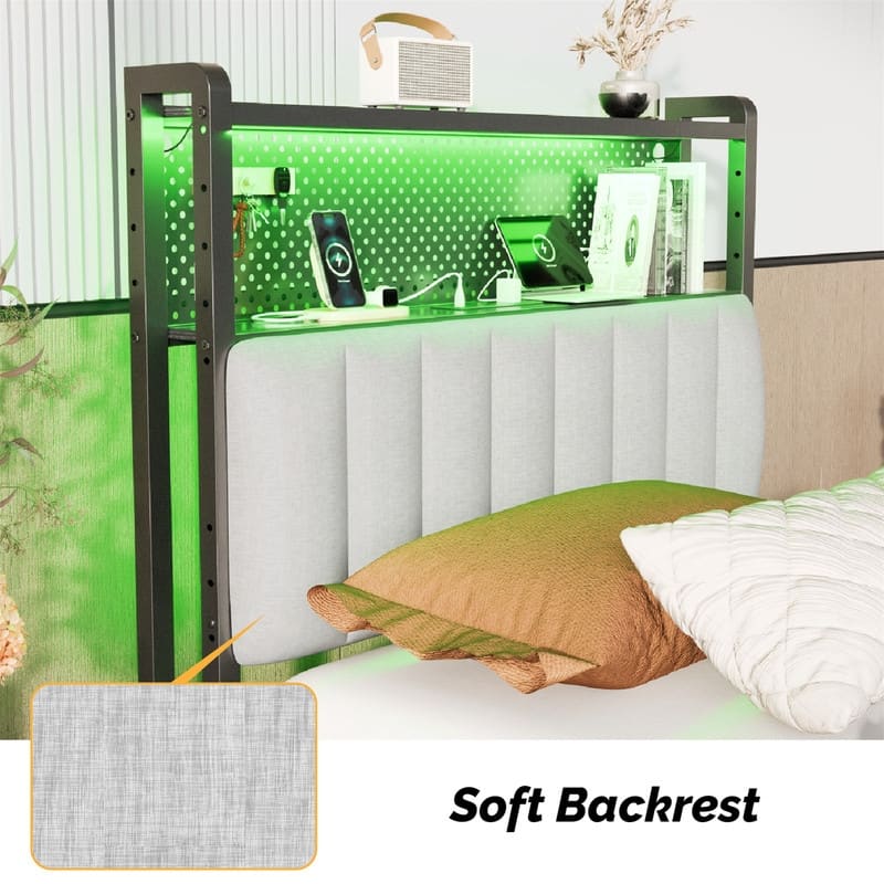 Adjustable Upholstered Headboard with 2 Tier Shelves with Charging Stations and LED Lights, Modern Bed Headboard with Storage