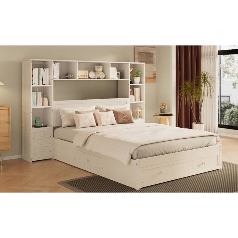 Pine Wood Platform Bed with All-In-One 2 Nightstand and 2 Charging Stations