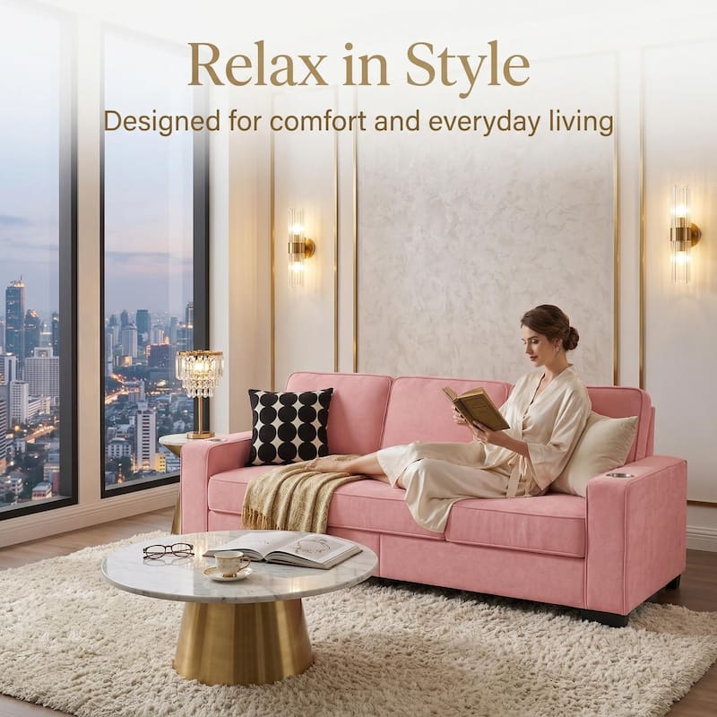 83.8'' Corduroy 3-Seat Sofa with Cup Holders, Modern Upholstered Couch, Compressed Living Room Sofa for Apartment Home Office