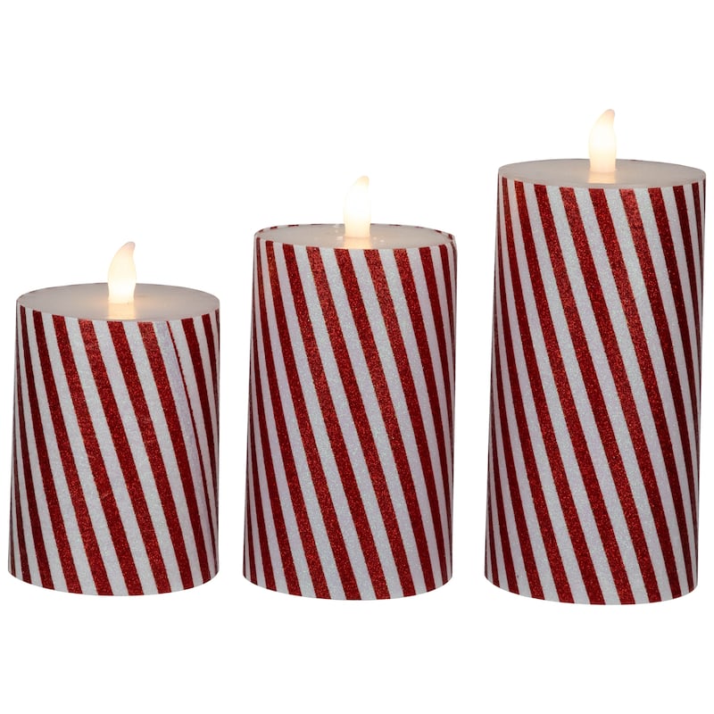 LED Flickering Flameless Candy Cane Striped Christmas Wax Pillar Candles - 6" - Set of 3