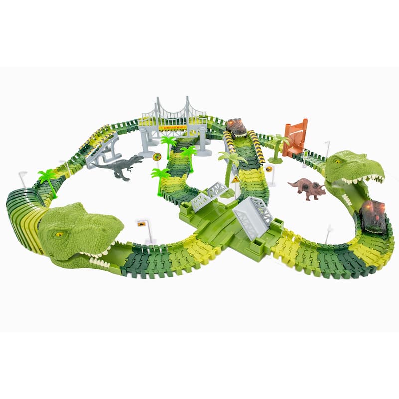 Magical Dino Twisting Race Track -Tunnel, Drawbridge & Bridge Flexible Bending Race Tracks w/ 2 Race Track Slot Car Toy - 196 pc - 8-11 Years