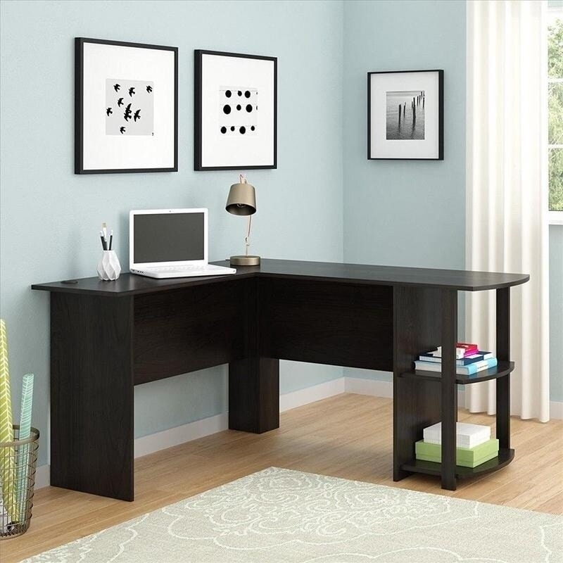 Details about   L-Shaped Computer Desk w Tower Shelf Cable Management 53x19 72x19 Sides Walnut 