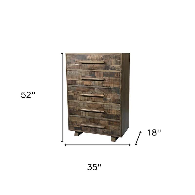 HomeRoots 35" Brown Carved Geometric Solid Wood Five Drawer Dresser