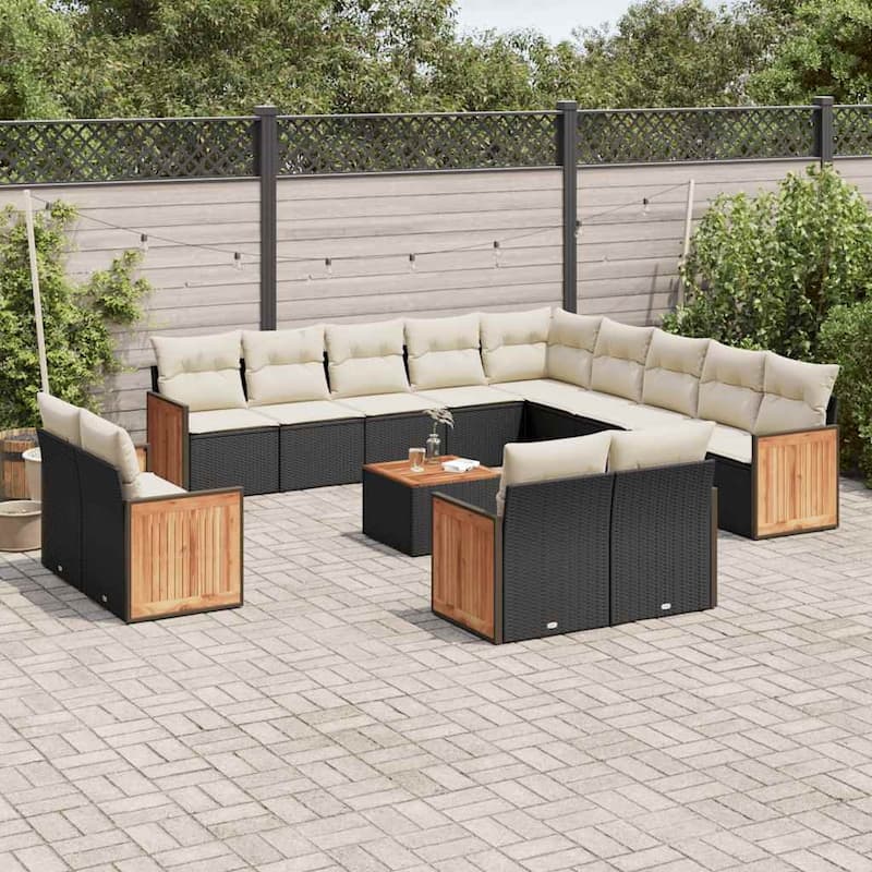 vidaXL Patio Sofa Set with Cushions Outdoor Conversation Furniture Poly Rattan - Black and cream with table - 21.7 x 21.7 x 14.6 in