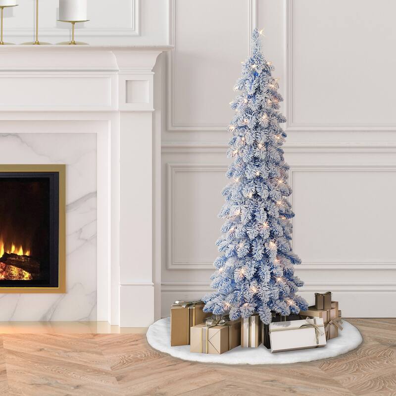 Puleo International 4 ft. Pre-Lit Flocked Blue Artificial Alpine Pencil Tree - Blue