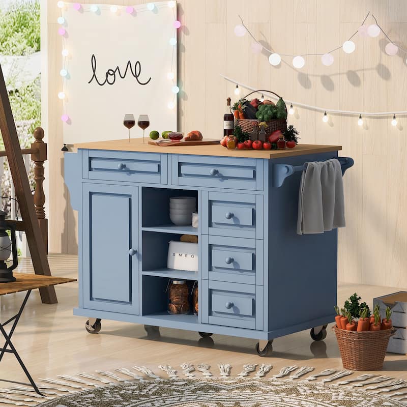 Kitchen Island with on Locking Wheels, Rolling Cart with Rubber Wood Desktop, Mobile Island with 3 Open Shelves & 5 Drawers