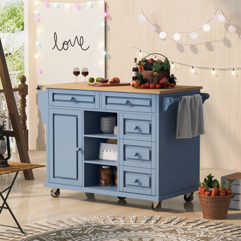 Roomfitters Kitchen Cart with Rubber wood Desktop - Rolling Mobile Kitchen Island with Storage and 5 Drawers, 53 Inch Length