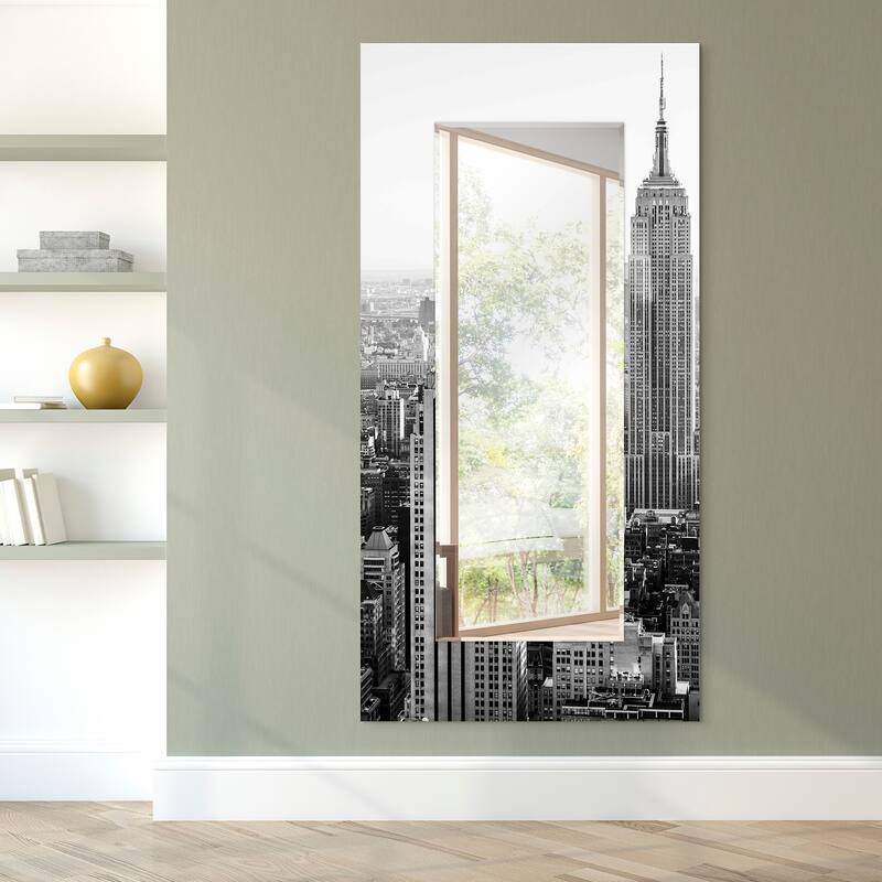 "My N.Y." Rectangular Beveled Wall Mirror on Free Floating Tempered Glass - Clear - 72 x 36