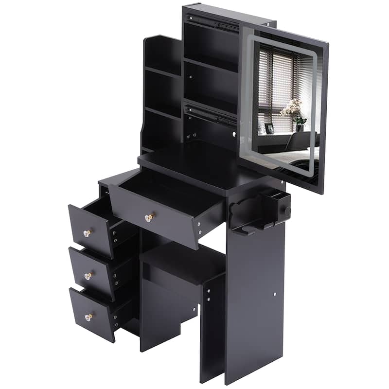 Makeup Vanity Desk with Slidding LED Lighted Mirror, Power Outlet & Hair Dryer Bracket, Small Dressing Table Set with Stool