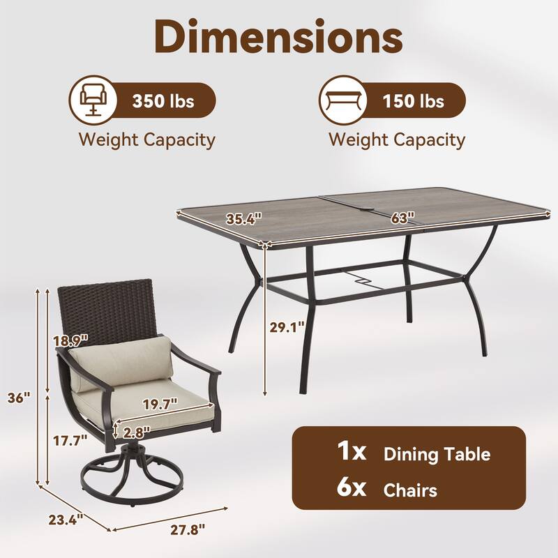 EROMMY Outdoor Dining Set, Swivel Rocking Chairs, Rectangular Table w Umbrella Hole, Patio Furniture Set for Backyard