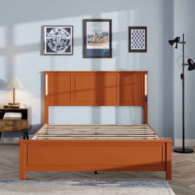 Queen Size Platform Bed Frame with Wood Headboard, Footboard, Charging Station, and LED Lights, No Box Spring Needed, Brown
