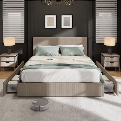 Upholstered Corduroy Channel Tufted Headboard Bed Frame, with 4 Storage Drawers