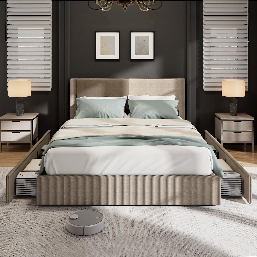 Upholstered Corduroy Channel Tufted Headboard Bed Frame, with 4 Storage Drawers