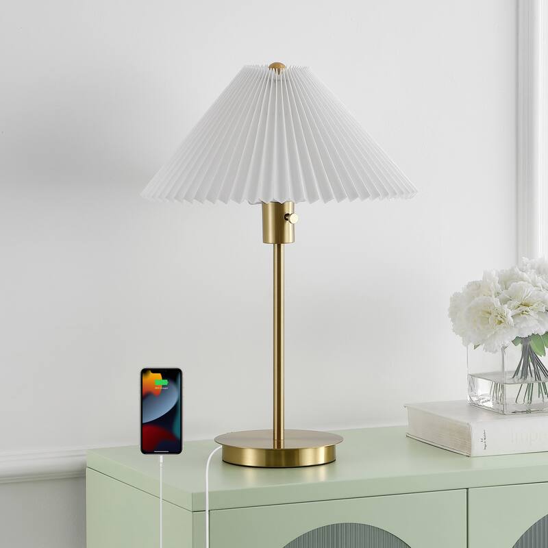 Isla 21.25" Modern Glam Metal Column LED Table Lamp with USB Charging Port and Pleated Shade, Brass Gold/White, by JONATHAN Y
