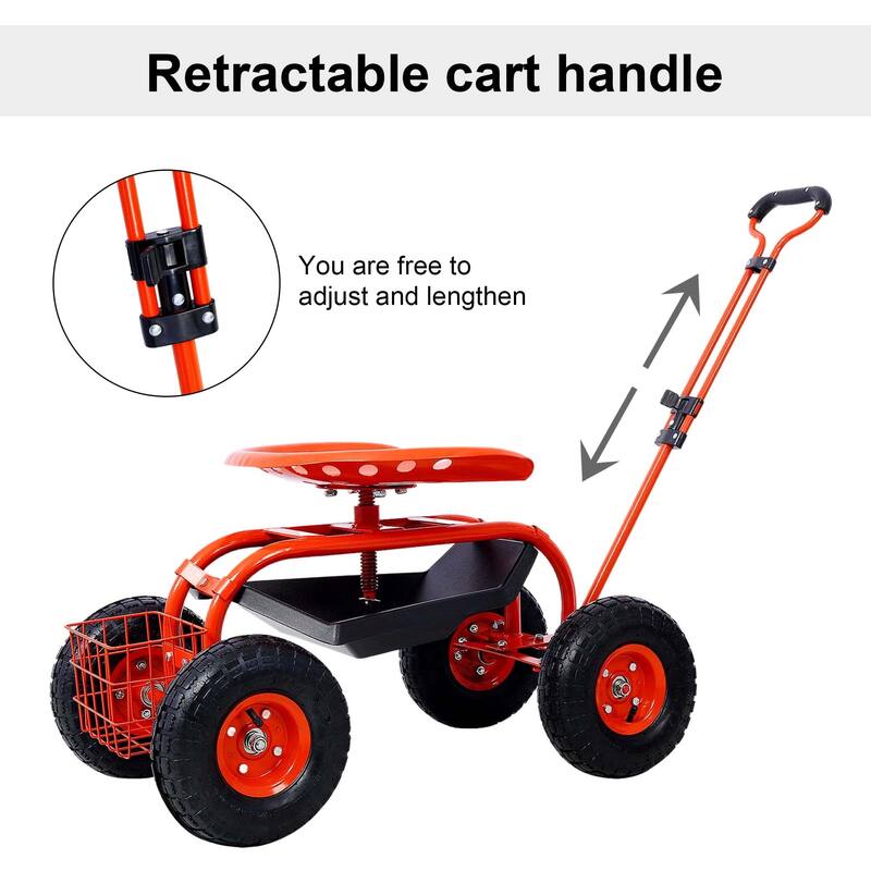 Rolling Gardening Chair Cart with Wheels, 360 Swivel Rolling Scooter - 42.5"Lx17.7"Wx22.4“H