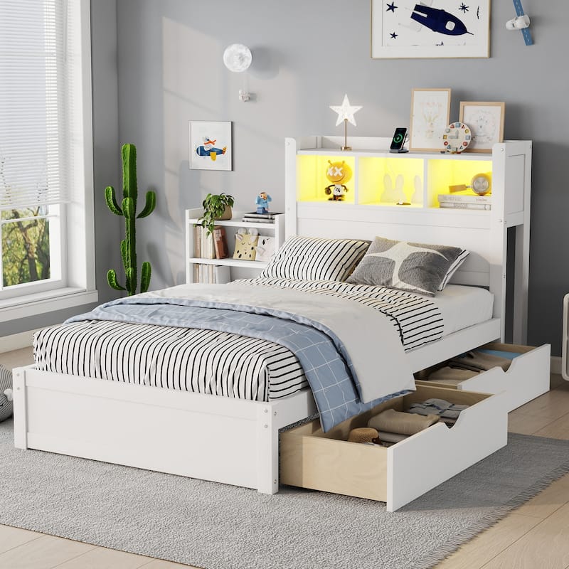 Platform Bed with Storage Headboard Pull Out Storage Cabinet, Bookcase Bed with Drawers, Wood Wingback Bed with Light and Socket