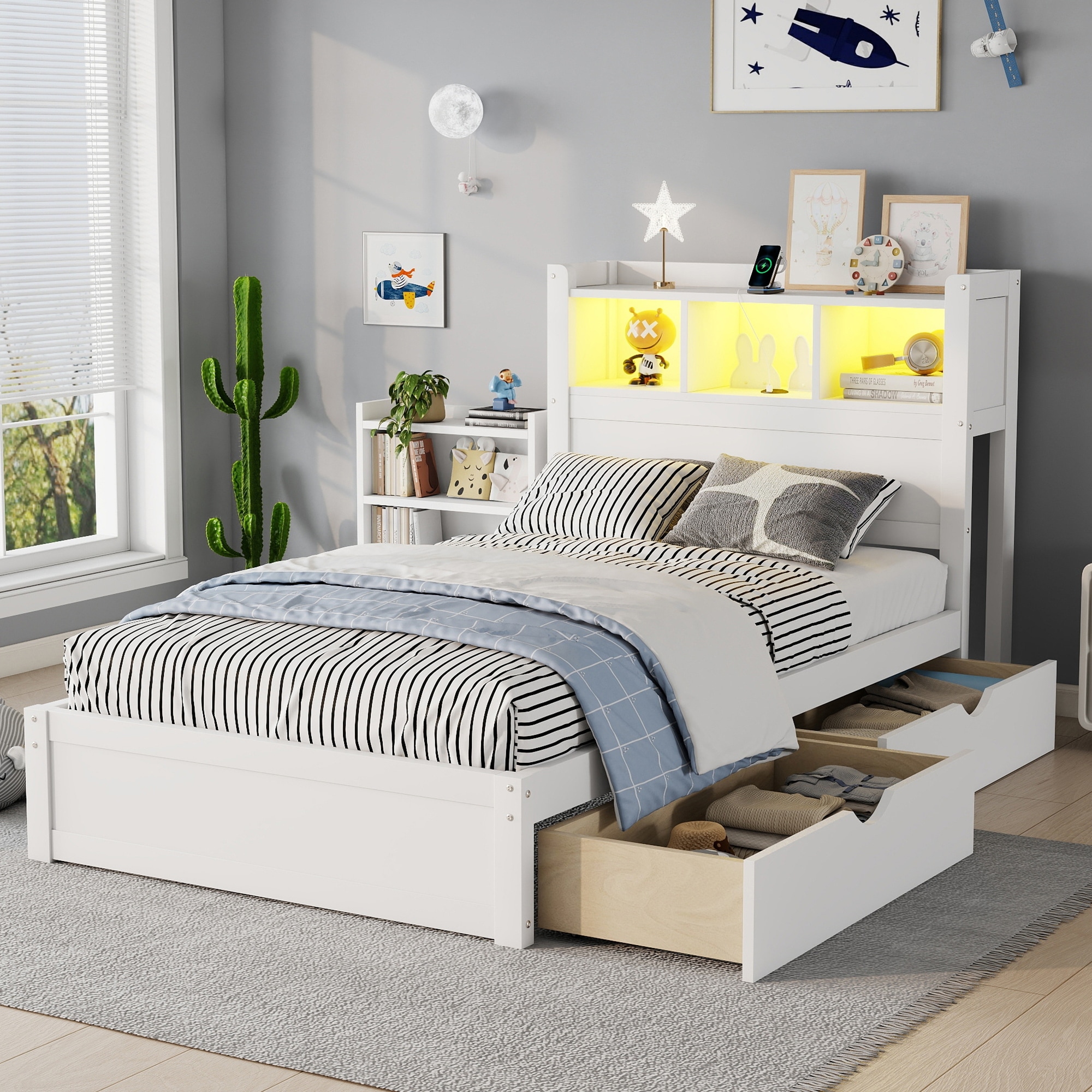 Twin Size Bed with Drawers, Wood Twin Bed with Storage Headboard and Pull Out Storage Cabinet, Wood Bed with Light and Socket
