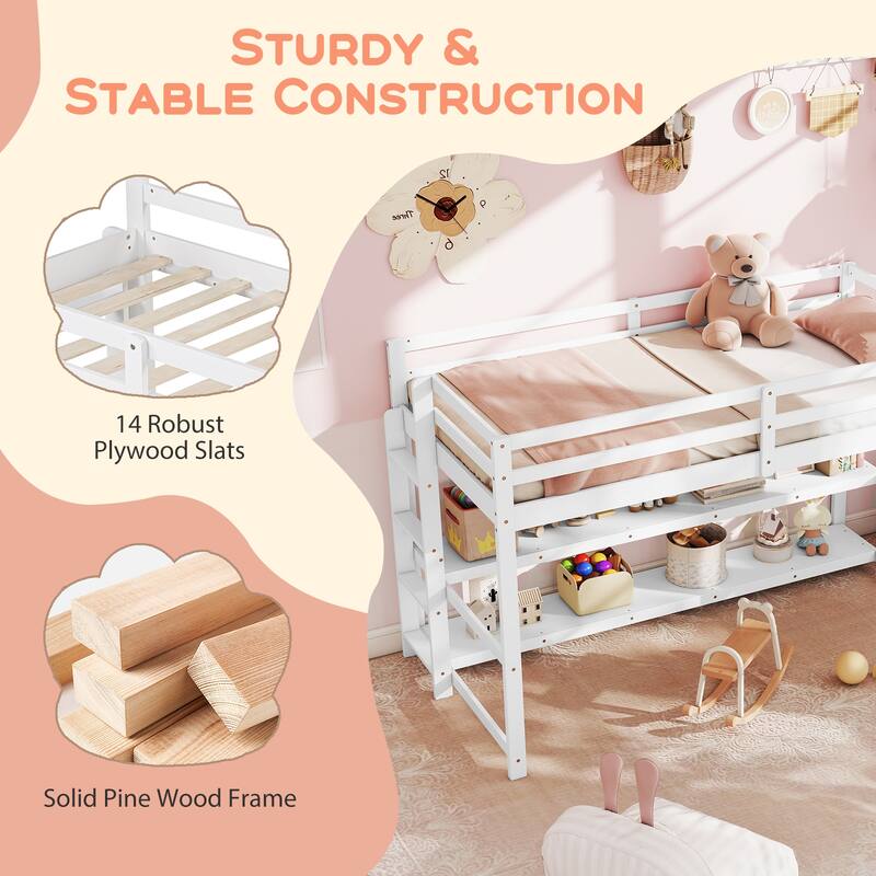 White Wood Frame Twin Loft Bed with Storage Shelves and Ladder Guardrails for Kids Room