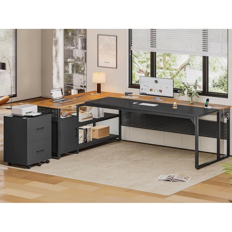 Executive Desk L Shaped Desk File Drawers Power Outlets Computer Desk - Mobile Filing Cabinet - Brown