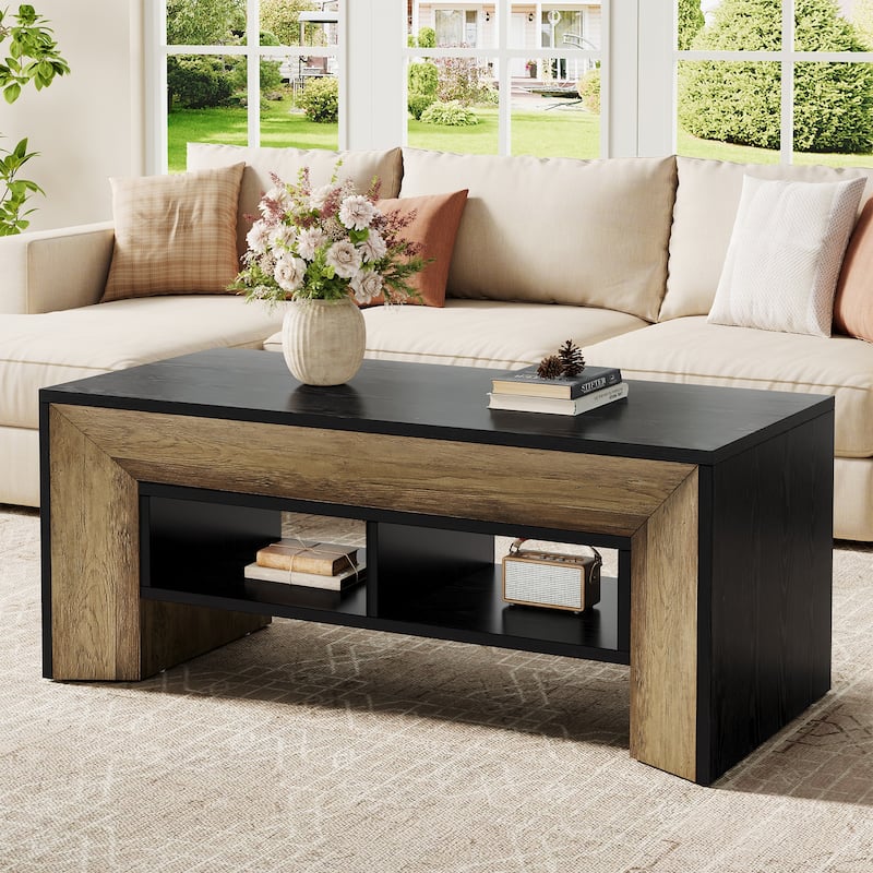 47.2" Modern Coffee Table, Rectangular Wood Center Table - Brown&Black