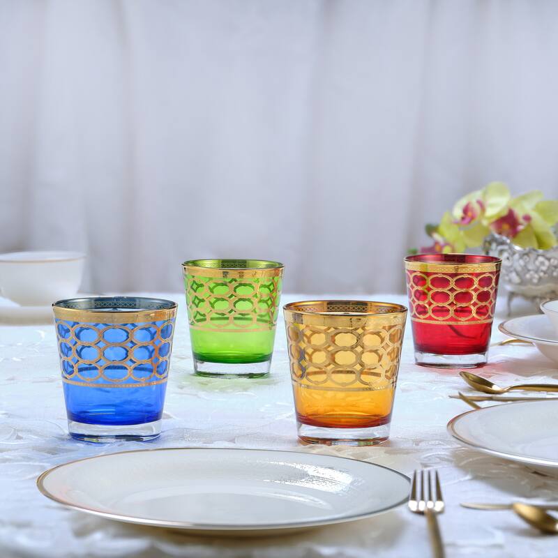 Lorren Home Trends Multicolor Double Old Fashion with Gold Rings, Set of 4