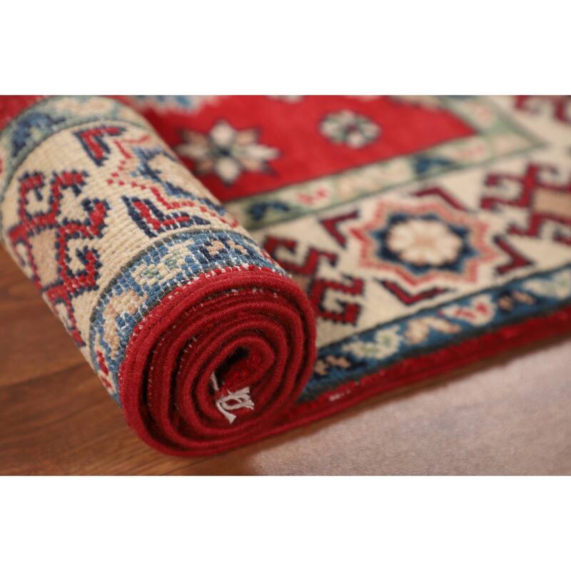 Red Kazak Oriental Accent Rug Handmade Geometric Foyer Wool Carpet - 2'10" x 3'11"
