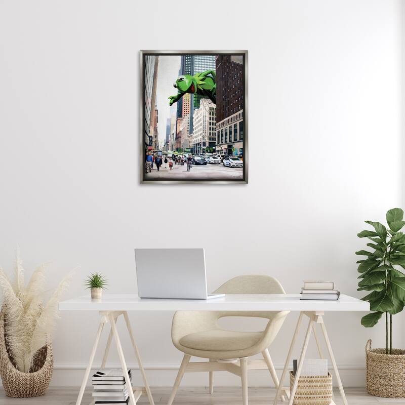 Stupell Frog Character over City Framed Floater Canvas Wall Art Design By Keith Thomson