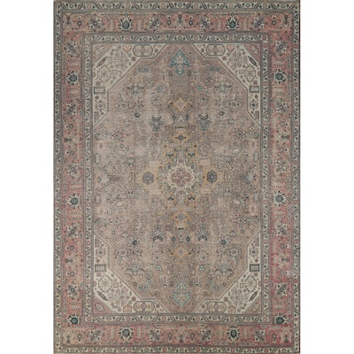 Brown Geometric Tabriz Persian Area Rug Hand-Knotted Wool Carpet - 8'2"x 11'1"
