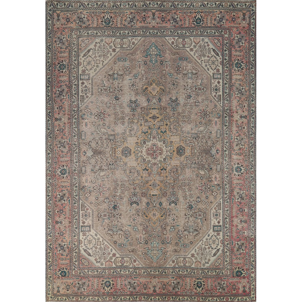 Brown Geometric Tabriz Persian Area Rug Hand-Knotted Wool Carpet - 8'2"x 11'1"