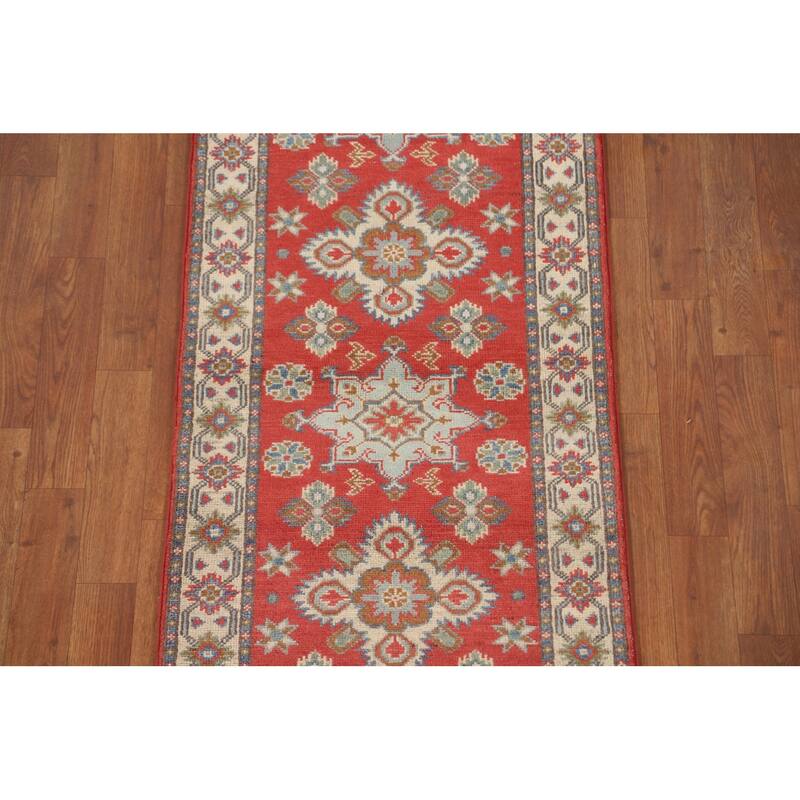 Geometric Kazak Runner Rug Hand-Knotted Traditional Red Wool Carpet - 2'1" x 5'10"