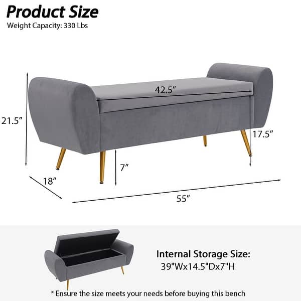 dimension image slide 11 of 20, Upholstered 55"W Flip Top Storage Bench Bedroom Bench Modern End of Bed Bench for Entryway Hallway Window with Gold Legs