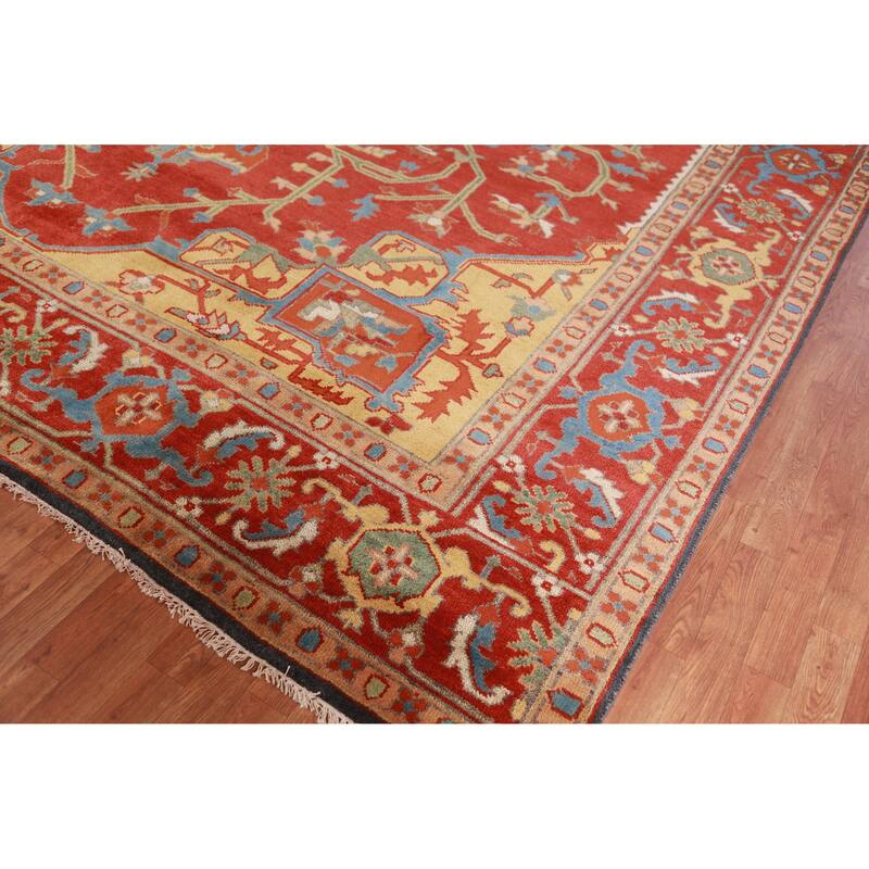 Hand Knotted Oriental 100% Wool Carpet Traditional Medallion Red Heriz (serapi) Area Rug - 14' 10'' X 11' 7''