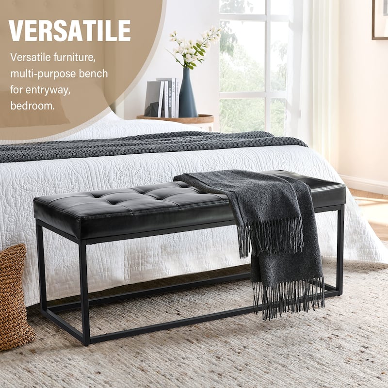 Glitzhome 45"W Modern Black Tufted Upholstered Bench with Metal Frame Legs - 45"W x 19"H x 17.5"D