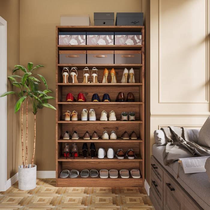 Brown Wood 8-Shlef Shoe Storage Cabinet with Adjustable Shelves - 11.81"D x 31.50"W x 70.86"H