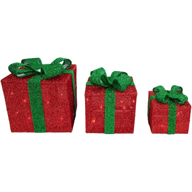 Set of 3 Lighted Red and Green Tinsel Gift Boxes with Bows Christmas Outdoor Decorations 10"