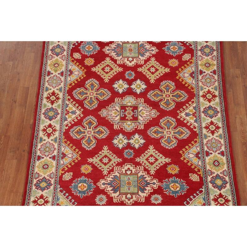 Geometric Red Kazak Oriental Area Rug Bedroom Hand-Knotted Wool Carpet - 5'1" x 6'7"