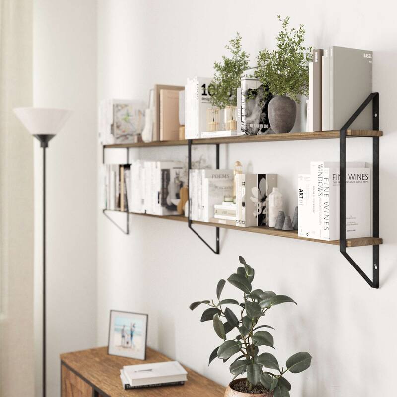Wallniture Ponza 60" Floating Shelves, 2-Tier Wall Bookshelf, Burnt, Wood