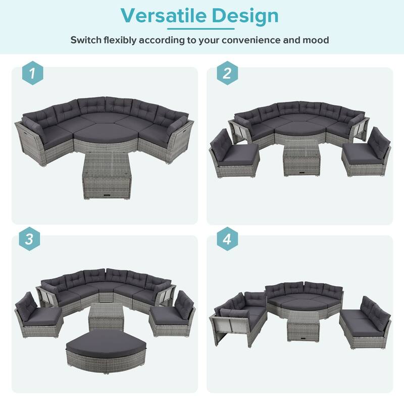 Outdoor Wicker Curved Daybed Sectional Sofa Set with Storage Table