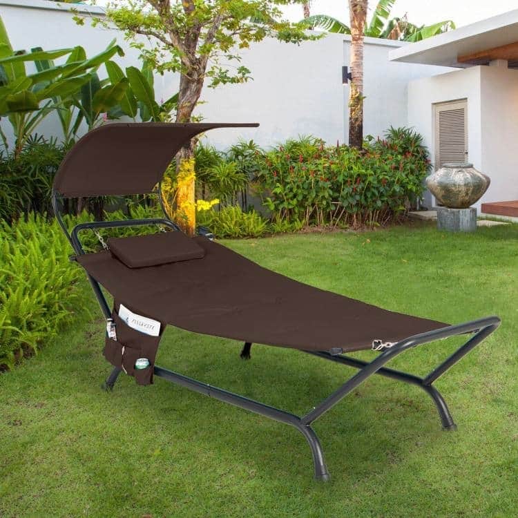 Metal Canopy Hammock Chaise Lounge Chair with Pillow and Stand - 95.5" x 40.5" x 53"