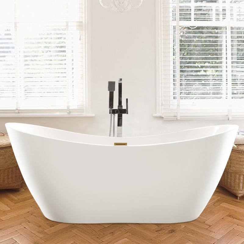 Vanity Art 71" Freestanding Acrylic Soaking Bathtub with Slotted Overflow & Pop-up Drain with Air Bath Option Available - 71/Soaking - White/Titanium Gold